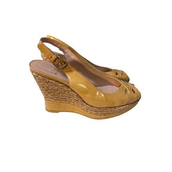 Stuart Weitzman Patent Leather Slingback Wedge Sandals Size 7M Tan - Picture 4 of 7